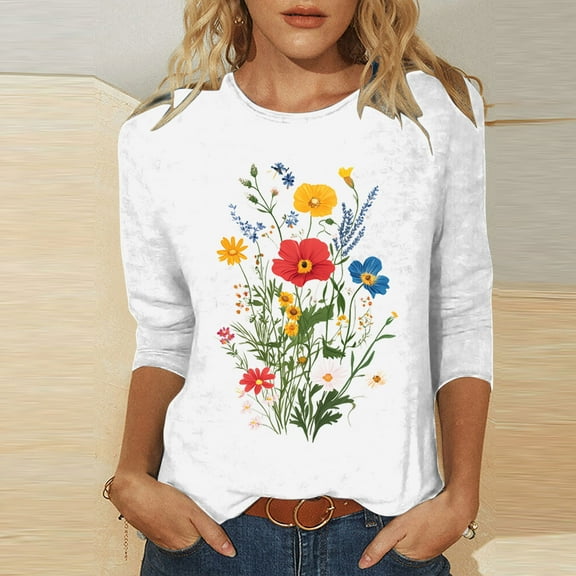 Busydd Womens Tops Casual 3/4 Lenght Sleeve Going Out Tops for Women Trendy Floral Print Summer Tops Comfortable Versatile Spring Tops Tees