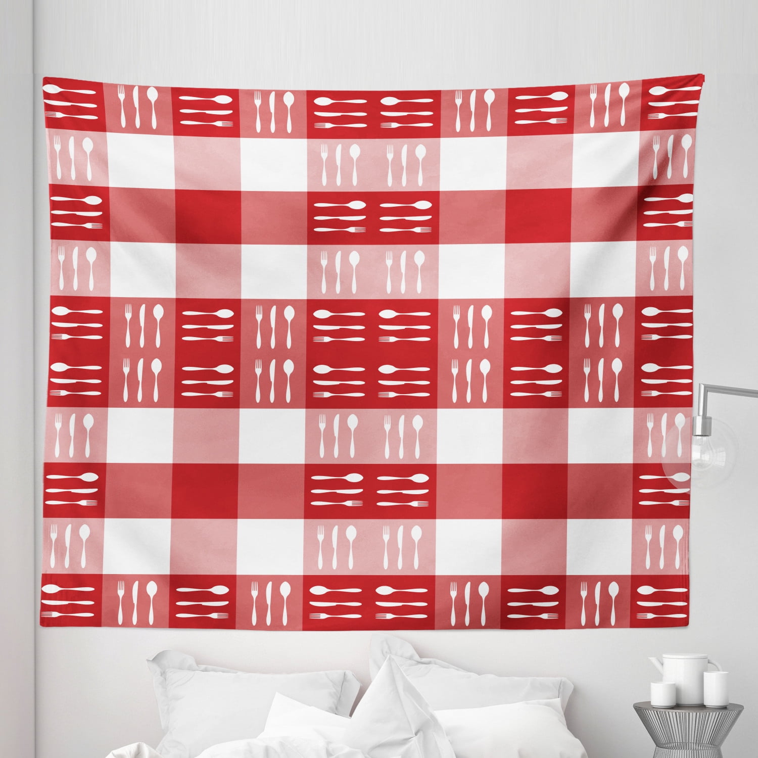 Checkered Tapestry, Cutlery Silhouettes on Squares Dining Picnic Tile