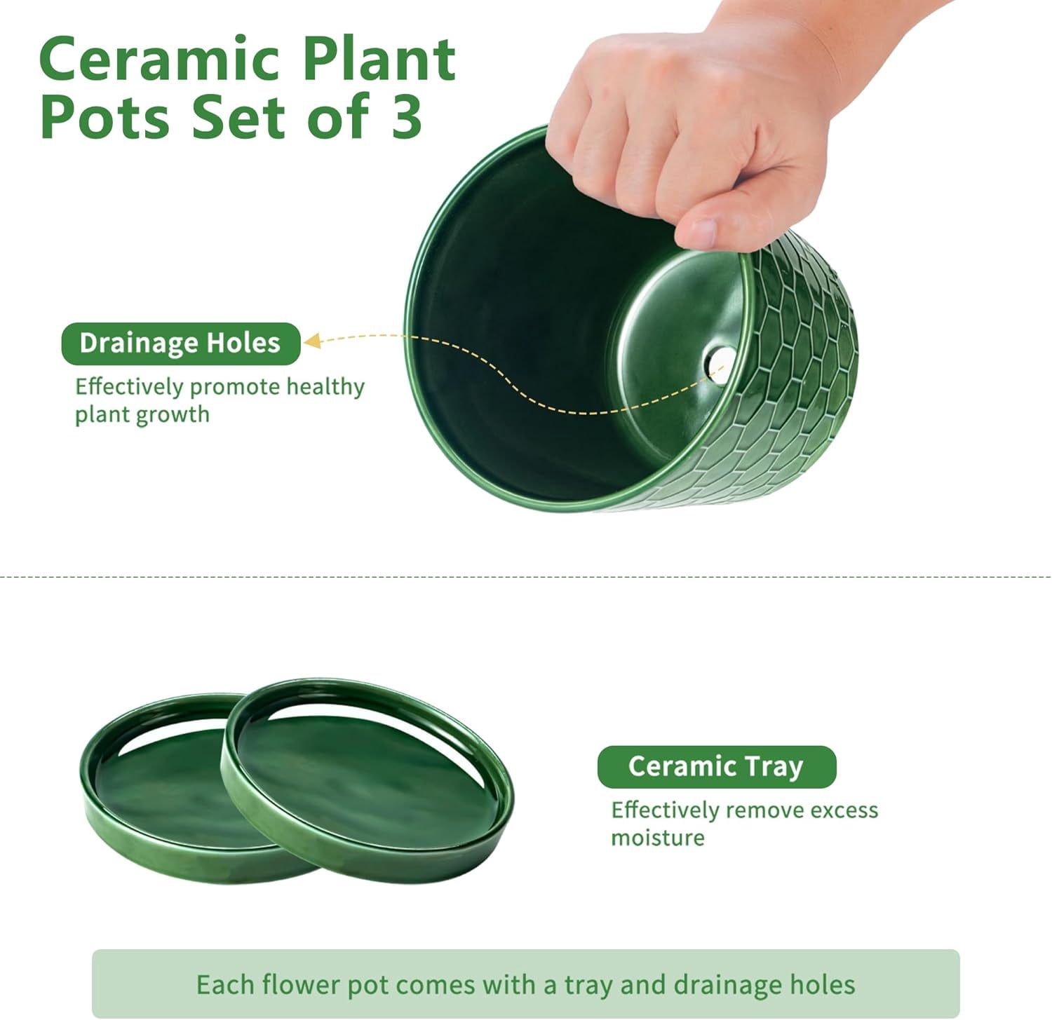 BUYMAX 4",5",6" Dia Planter Set of 3, Modern Style Ceramic Plant Pots with Drainage Hole and Tray for Indoor Outdoor Patio, Emerald Green