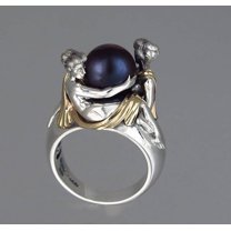 Women Black Pearl Two Tone Ring Electroplated Copper Sterling Silver Inlaid Fashion Jewelry Gift For Her Elegant