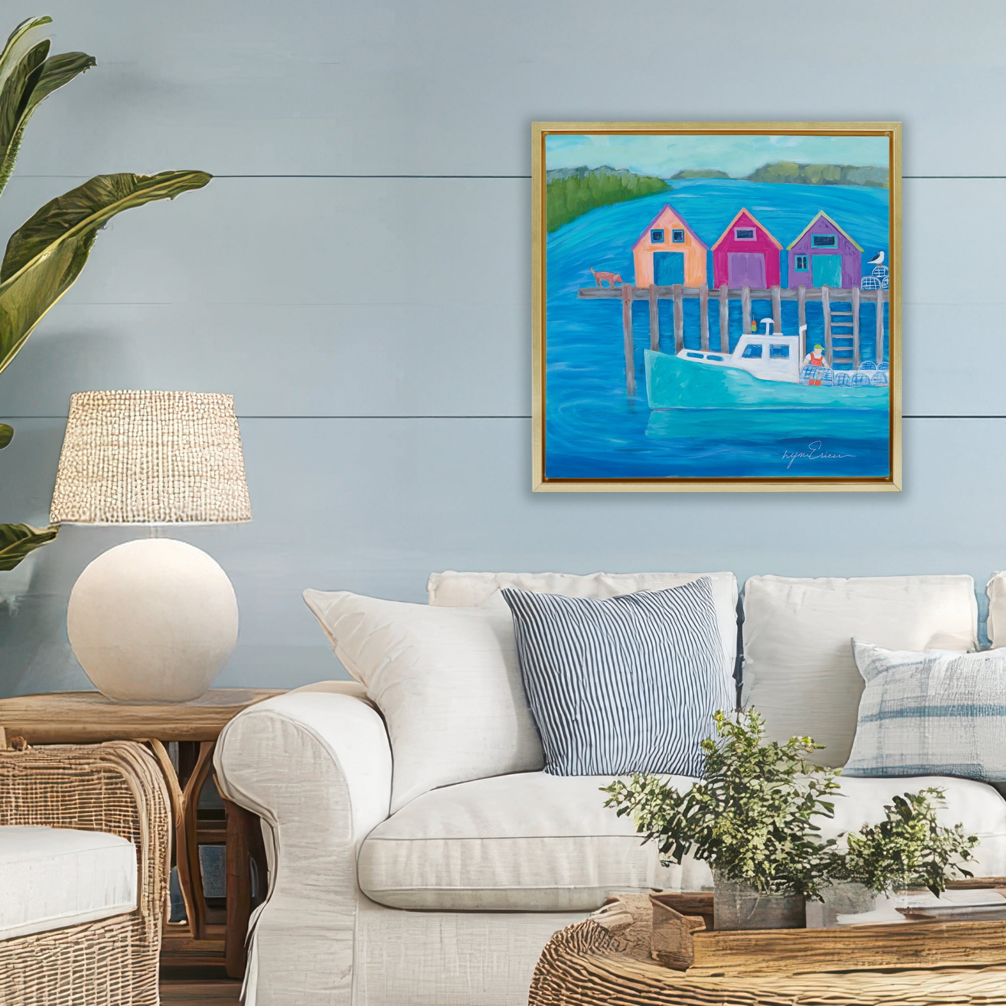 Stupell Industries Work Day at Seaside Village Gold Framed Floater Canvas Wall Art, design by Lynn Ericson Fine Art