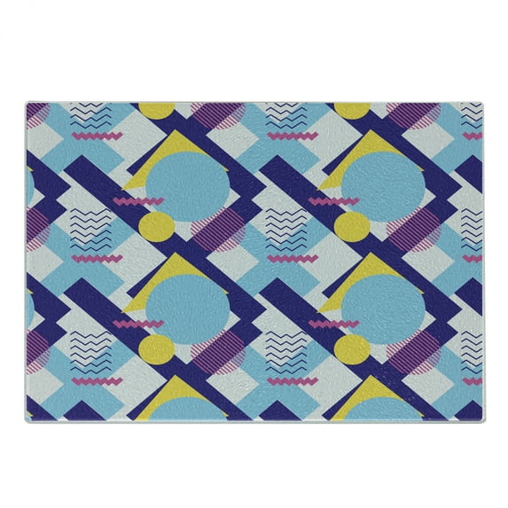 Geometric Cutting Board, Colorful Various Elements Circles Stripes and Zigzags Retro Feels, Decorative Tempered Glass Cutting and Serving Board, in 3 Sizes, by Ambesonne