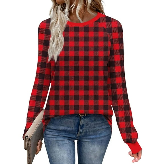 Christmas round-neck checked sweatershirts, printed long-sleeved tops, Fall and winter fashion outfits