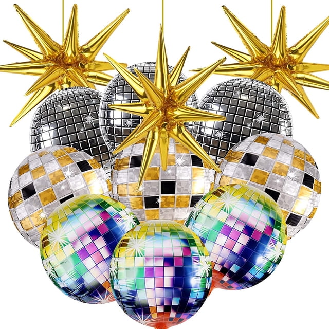 12 piezas de despedida de soltera, suministros de decoración de fiesta 80 y 90, globos de bola de discoteca, globos de papel de aluminio con estrella de explosión dorada enorme para cumpleaños