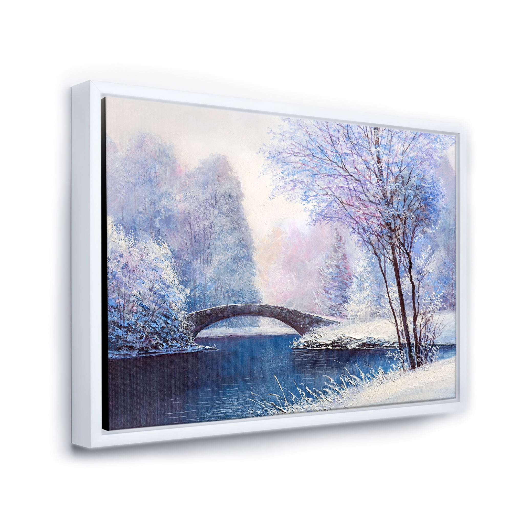 Designart 'Bridge Of Meandering River With Winter Scenery III' Lake House Framed Canvas Wall Art Print