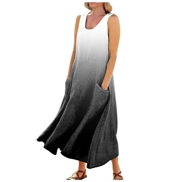 CHOK Robes d'Été Décontractées Femmes Coton Lin à Fleurs Robe Maxi Femme Sans Manches Débardeur Longue Fluide Robe Bohème Robes d'Été Fluides pour Adolescentes avec Poches Gris Foncé 3TG
