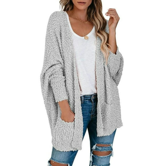 Babysbule Winter Jackets for Women Clearance Women's Popcorn Long Sleeve Open Front Pockets Oversized Cardigan Sweater Coats