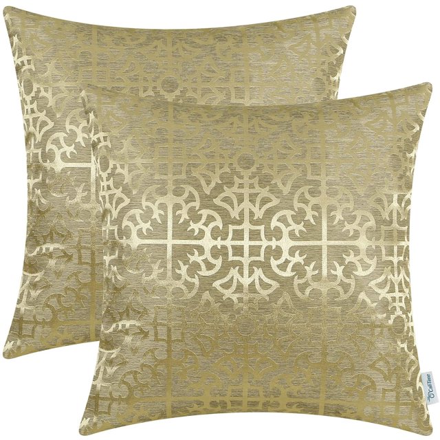 Pack of 2 Throw Pillow Covers Cases for Couch Sofa Home Decor Vintage Shining & Dull Contrast Cross Flowers Trellis Geometric Figure 18 X 18 Inches Gold