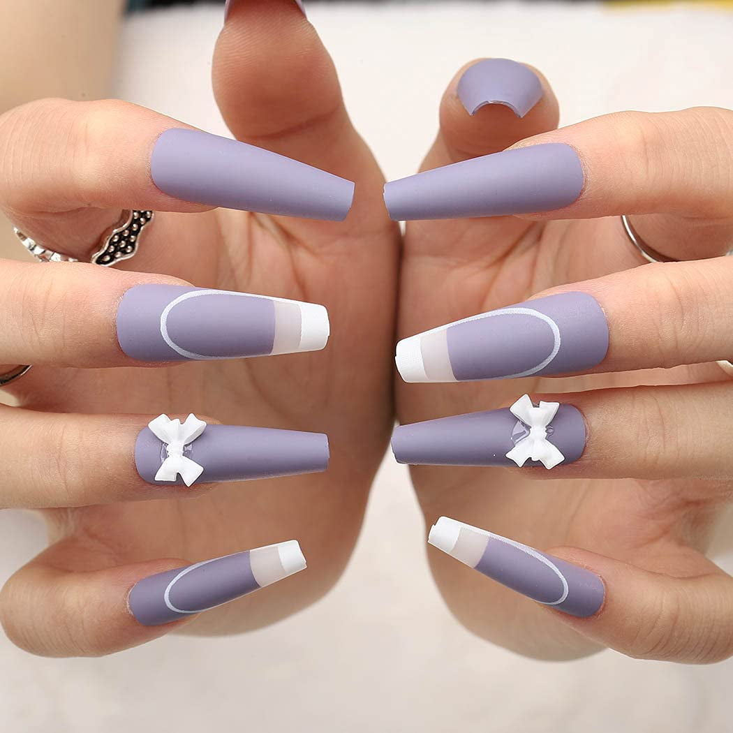 Diduikalor Meduim Press On Nails Coffin Glue On Nails With Nude And White  French Blue Tip Square Coffin Stick On Nails Cute Fake Nails Full Cover  Acrylic False Nails French Acrylic Nails