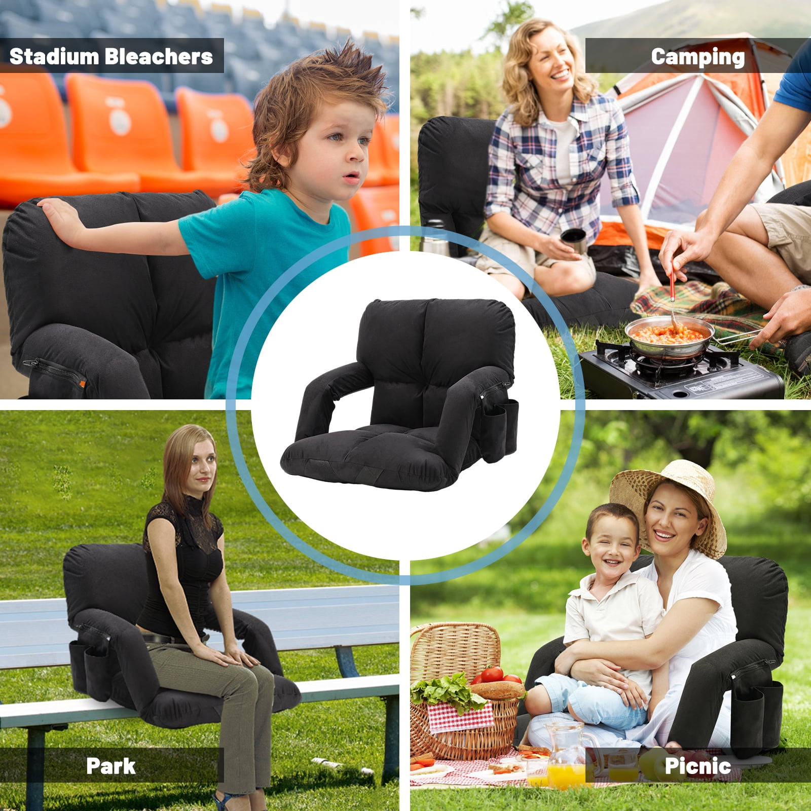 Foldable Bleacher Chair with 6 Reclining Positions and Padded Cushion-Black | Costway