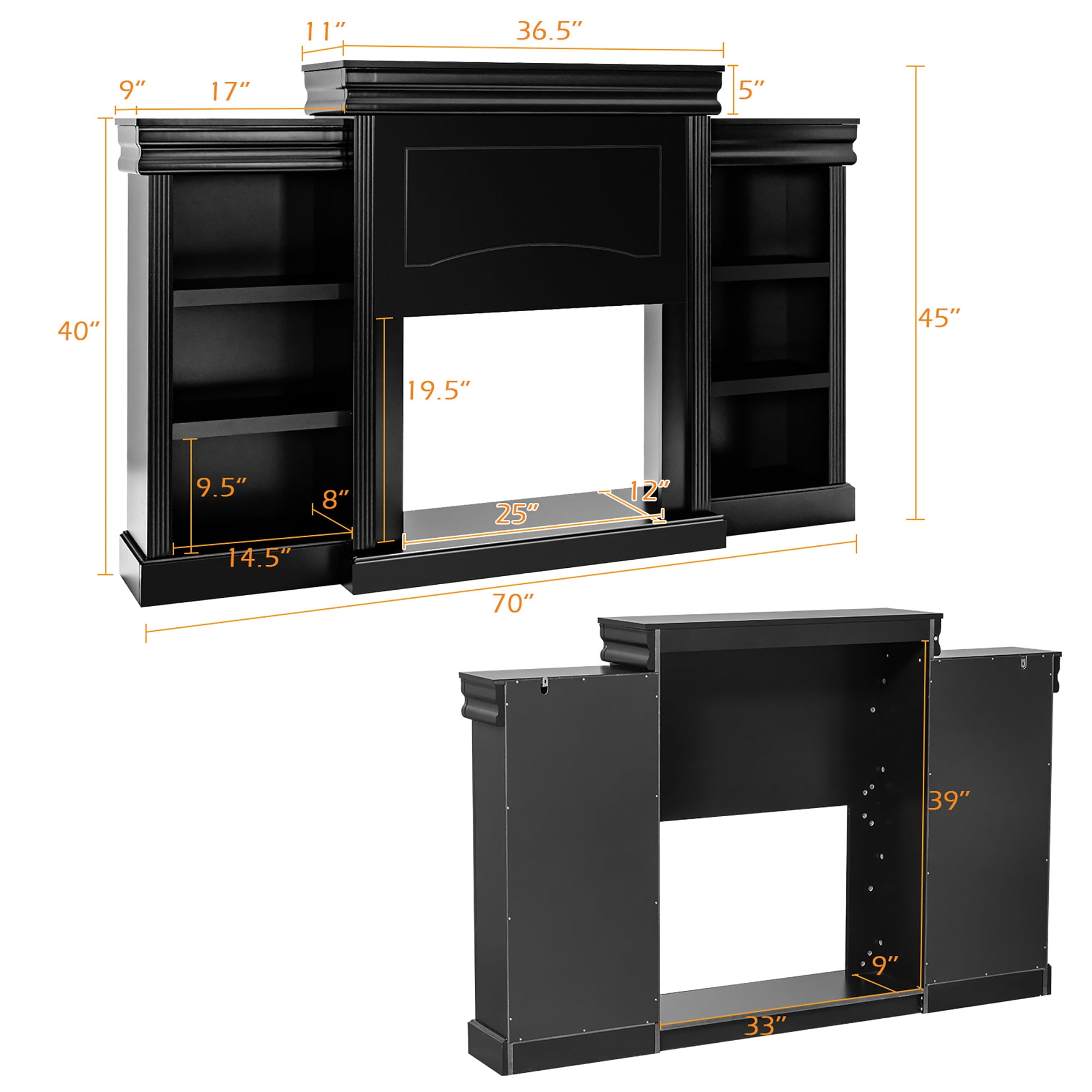 Costway 70'' Fireplace TV Stand Modern Media Entertainment Center Bookcase Black