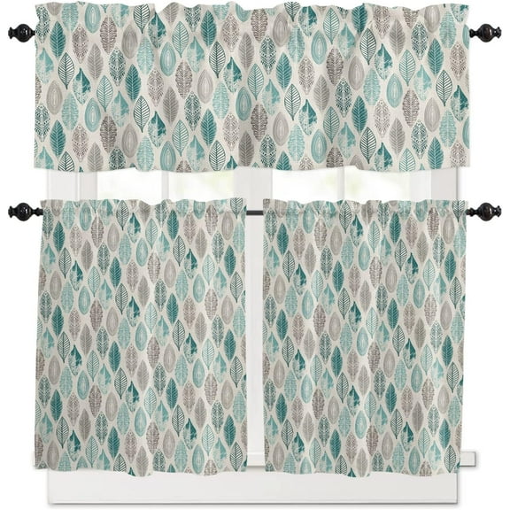 3 Piece Teal Leaf Kitchen Curtains, Tier and Valance Rod Pocket Window Curtains Set Geometric Olive Leaf Bohemian Abstract Cafe Curtains for Kitchen Valances Window Treatment 54X18in 27x36in×2