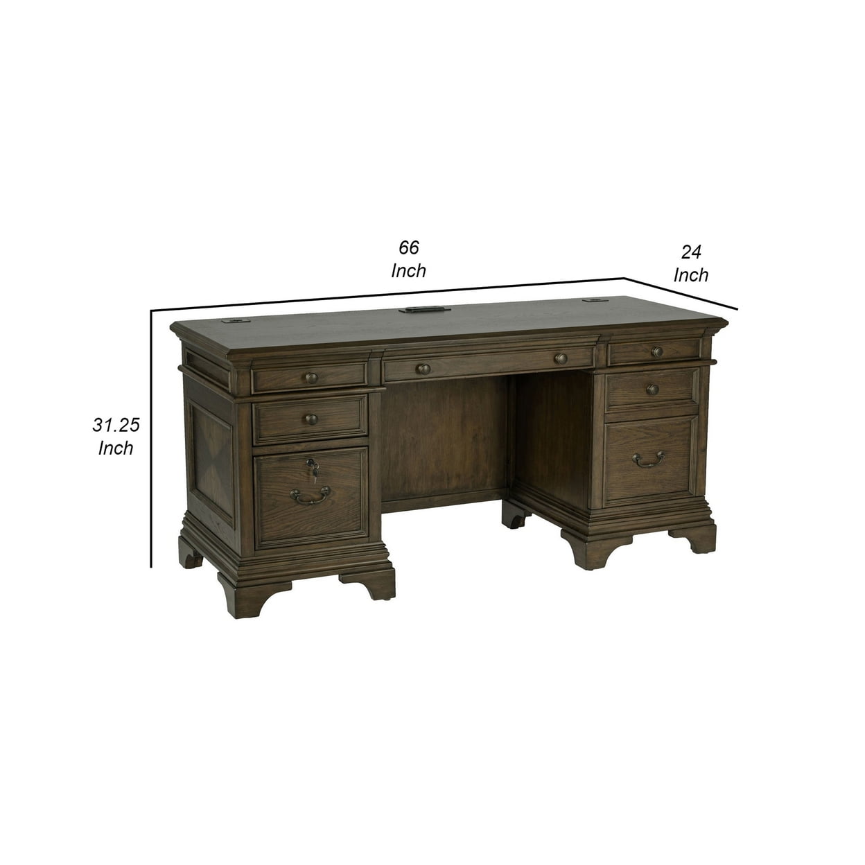 66 Inch Wood Executive Desk 4 Drawers Keyboard Tray Power Outlet Brown