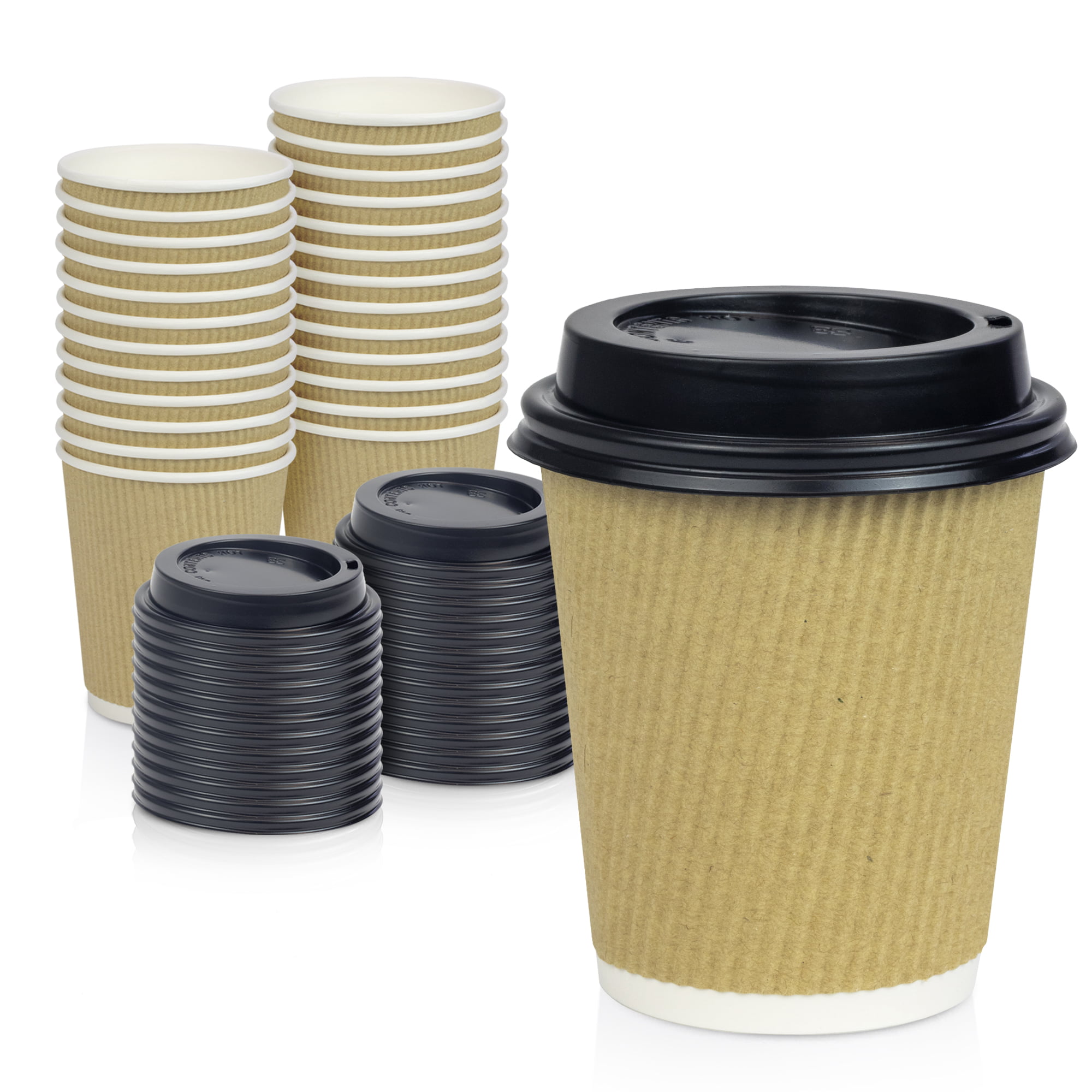 8oz Ripple Coffee Cups to Go with Lids Brown Leak Proof Cup 8oz, 230ml, 100 Pack Coffee Paper Cup Kraft Ripple Insulated Paper Cups with Wooden Stirrers for Serving Tea 