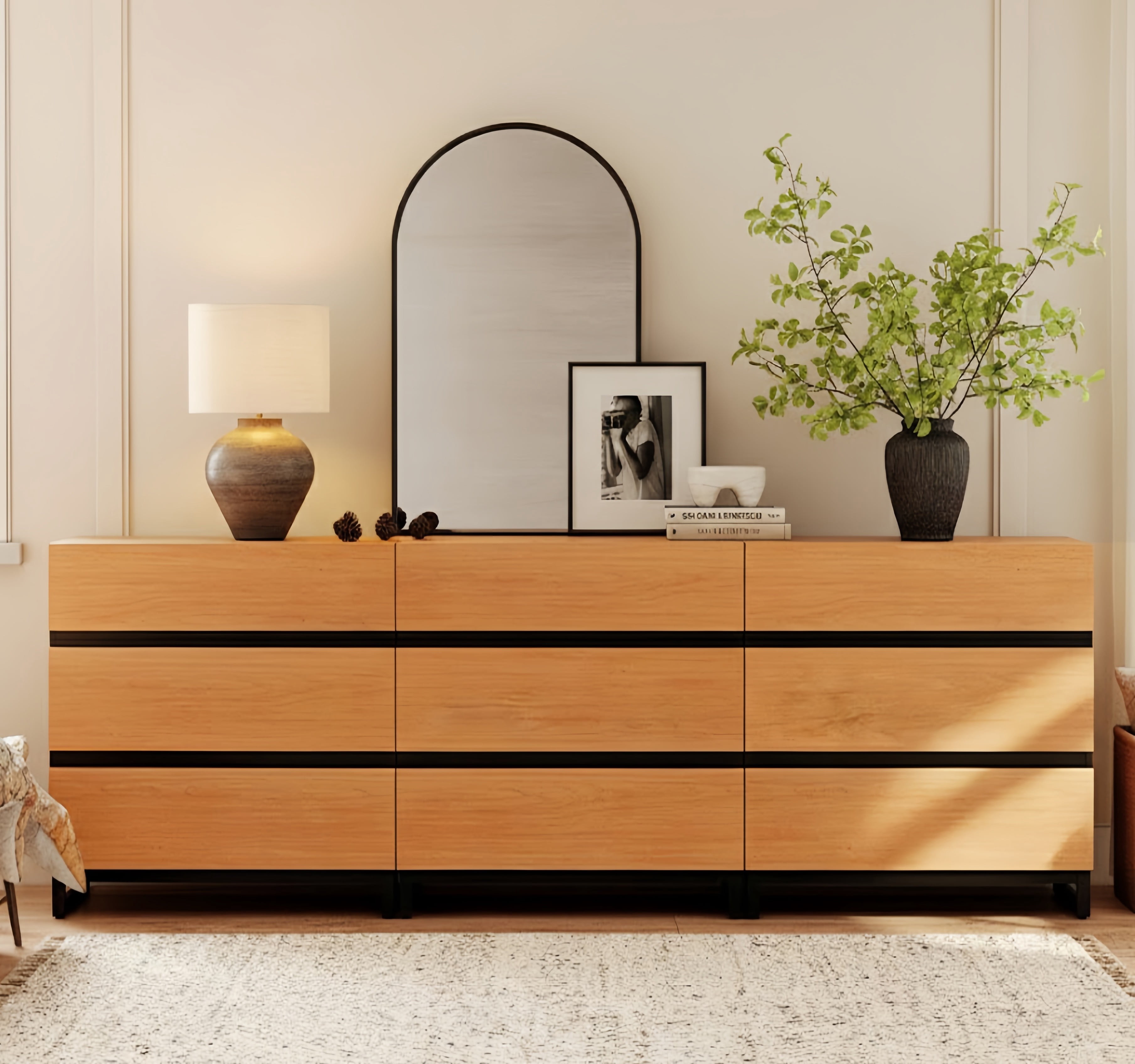 Modern Wood Dresser with 9 Drawers and Sturdy Metal Base, Multi-Functional Chest of Drawers Storage Organizer for Bedroom, Living Room, Hallway and Entryway, Mocha