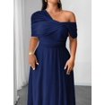 thumbnail image 4 of Navy Blue Elegant One-Shoulder Chiffon Maxi Dress With High Side Slit For Wedding Party Event, 4 of 6