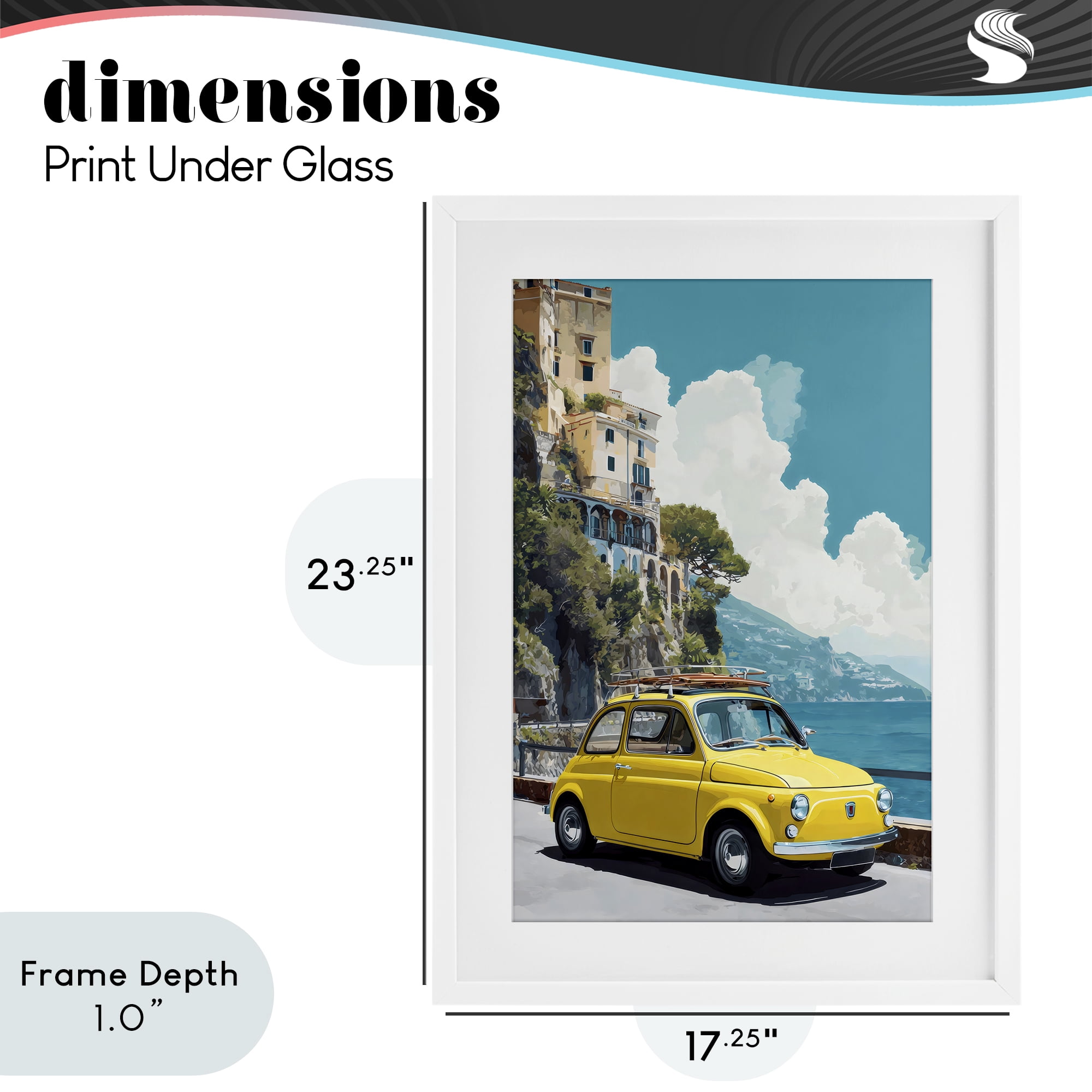 Stupell Industries Yellow Car on Coast White Framed Print Under Glass, design by Petal Prints Design