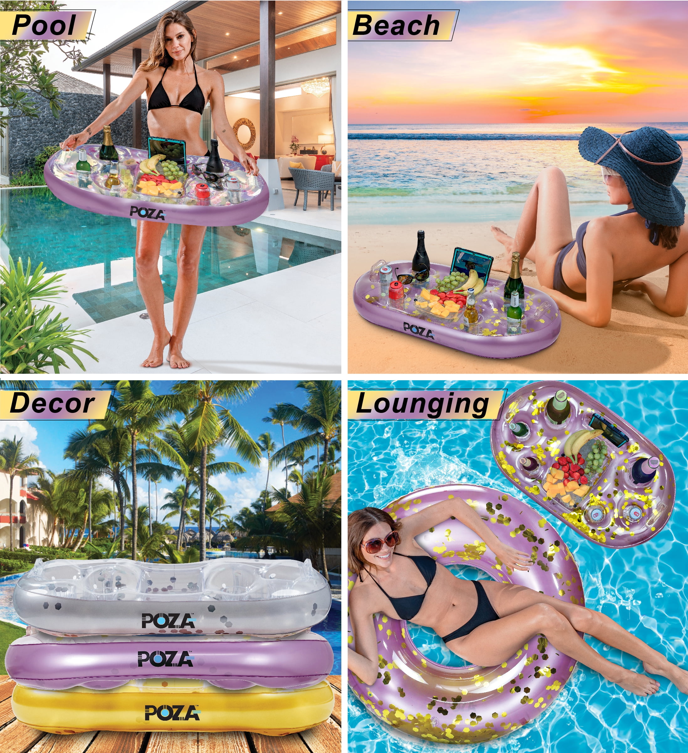 POZA Inflatable Sparkly Confetti Floating Cooler Pool Float, Purple Gold, 39"x23"