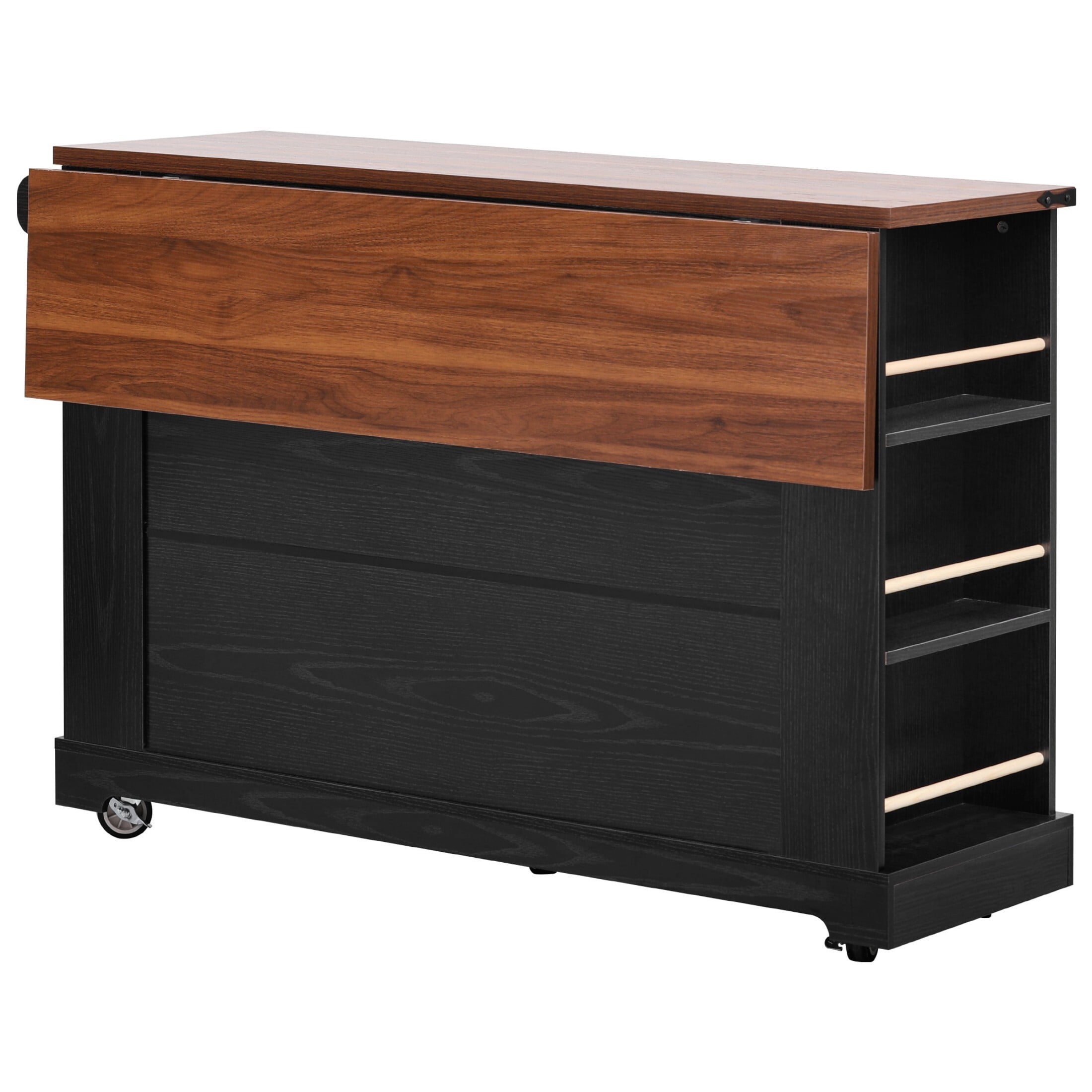 AENKYO 53'' Kitchen Island Cart with Drop Leaf and Charging Station, Rolling Kitchen Storage Cart with 3 Drawers, Black