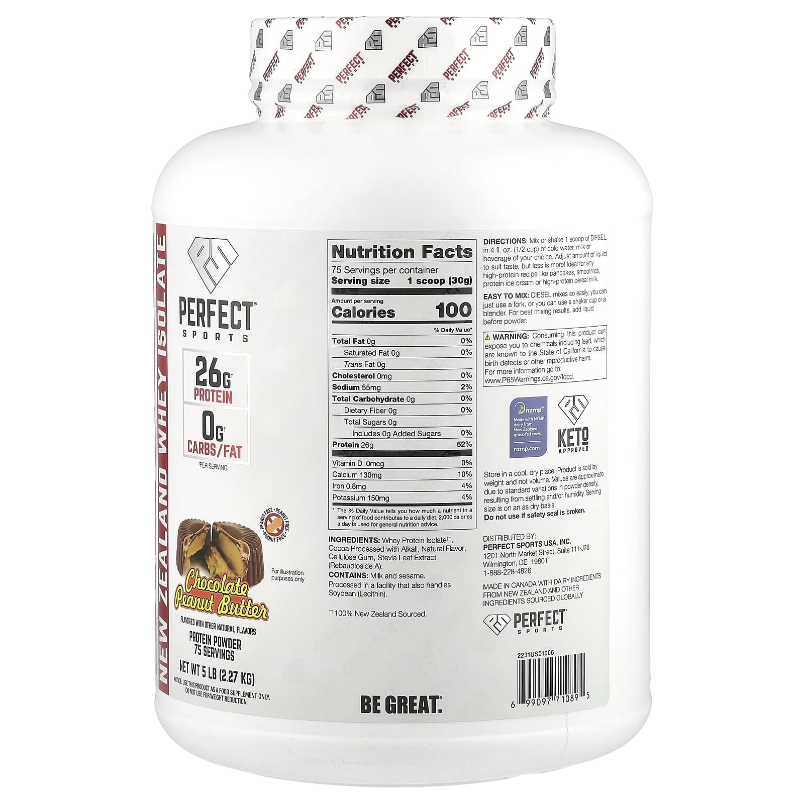 PERFECT Sports Diesel®, New Zealand Whey Isolate, Chocolate Peanut Butter, 5 lbs (2.27 kg)