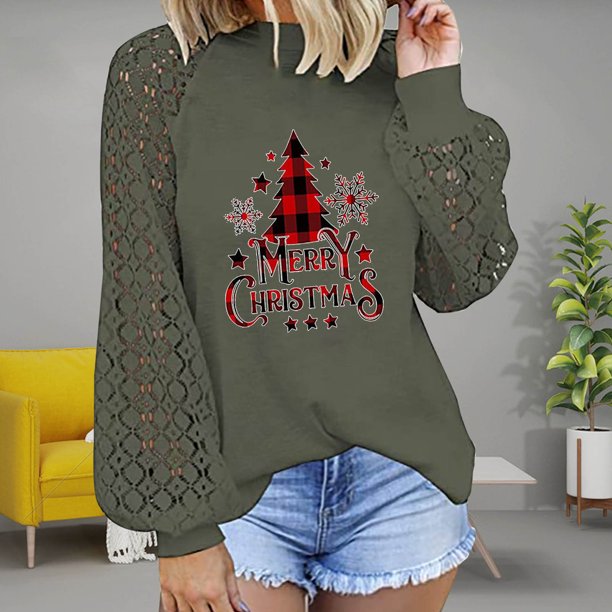 Pntutb Blusa de manga larga de encaje con cuello redondo y estampado navideño para mujer Tops sólidos Pntutb Pntutb-5660