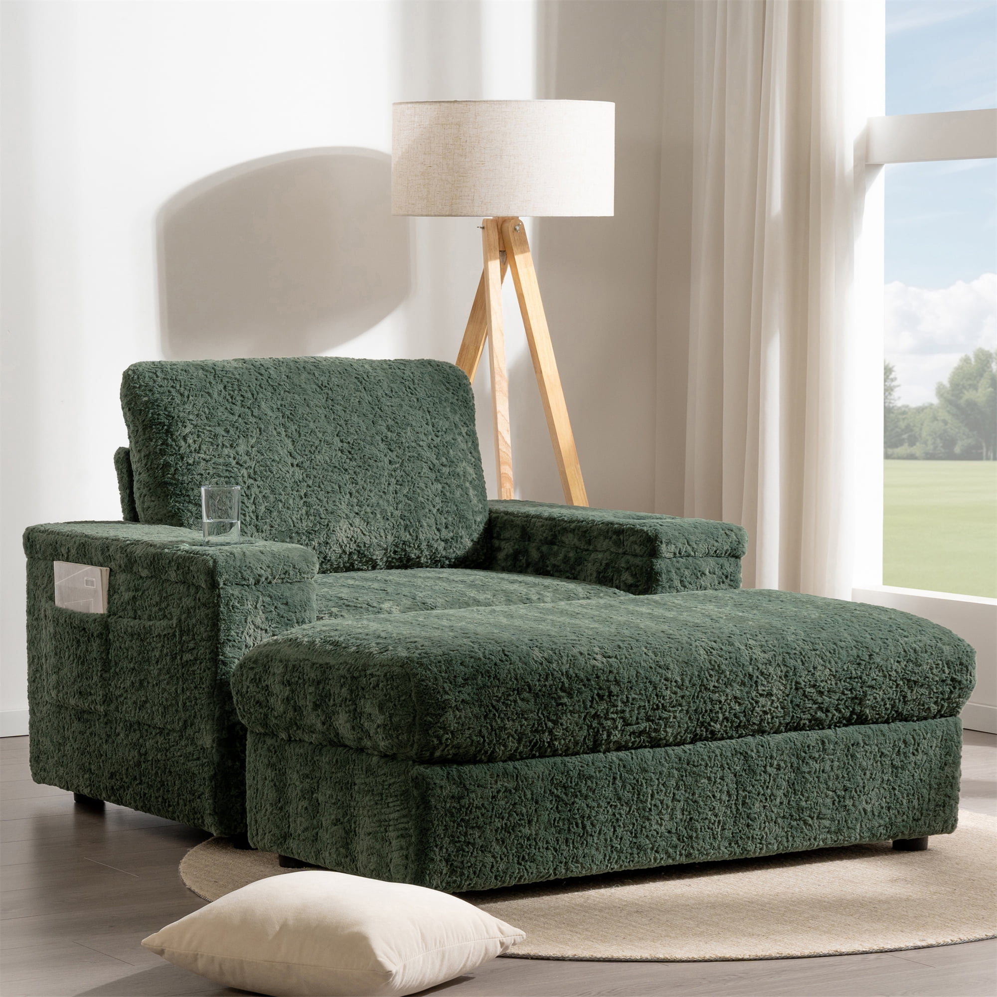Aukfa 43 inch Chaise Lounge w/ 2 Cupholders, Storage Ottoman, Plush Chair Bed for Living Room, Green