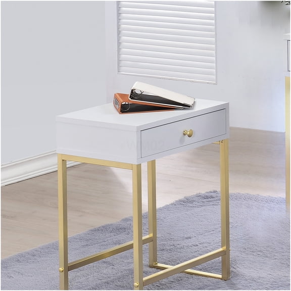 White and Brass Accent Table with Drawer, Modern End Table for Living Room, Bedroom, or Entryway