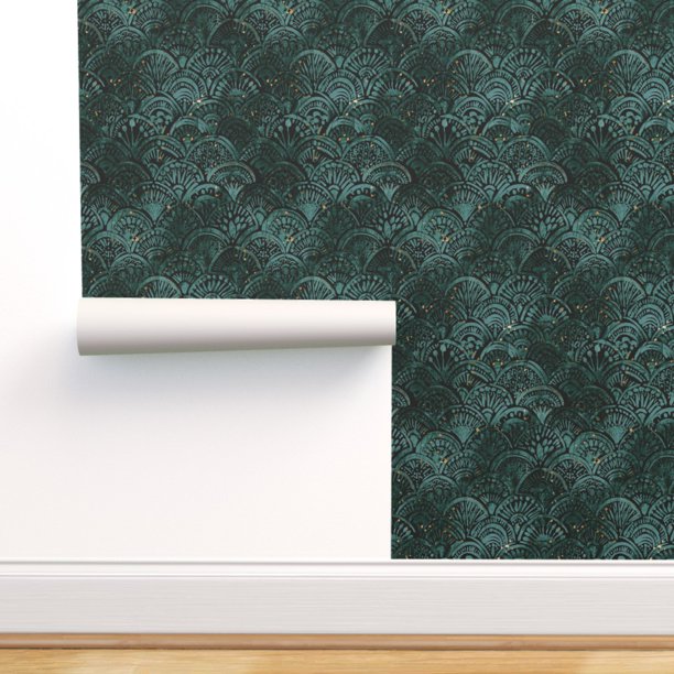 Peel & Stick Wallpaper 6ft x 2ft Mermaid Teal Black Sparkle Vintage