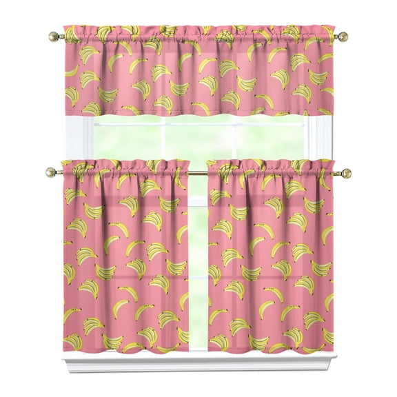 Kitchen Curtains 36 Inch Short - 3 Panel Set Banana Print, Rod Pocket Window Curtains 100% Polyester, Tropical Fruit Valance for Farmhouse, Cafe, Living Room, Bedroom, Easy Wash