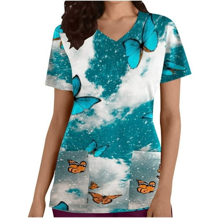 

CYMMPU Women s V-Neck Scrub_Tops with Pocket Clearance Going out Tops for Women Summer Tees Short Sleeve Shirts Trendy Nurse Workwear Uniform Tunic Tie Dye Ombre 2023 Fashion Tshirts Sky Blue L