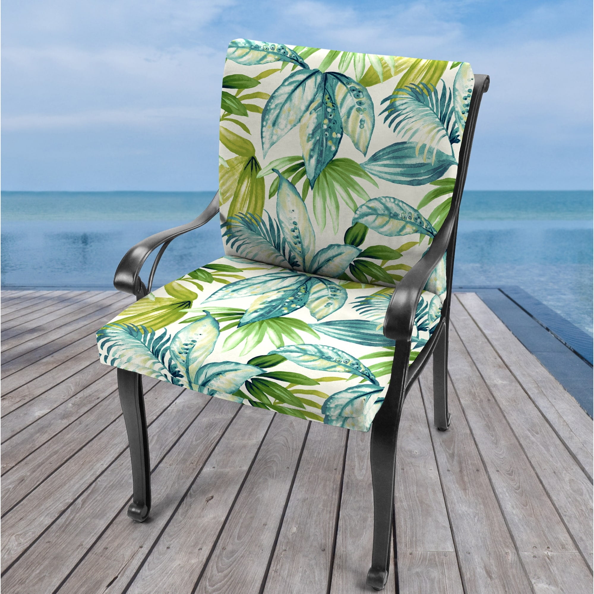 Jordan Manufacturing 21" x 44" Blue Leaves Outdoor Chair Cushion with Ties and Loop