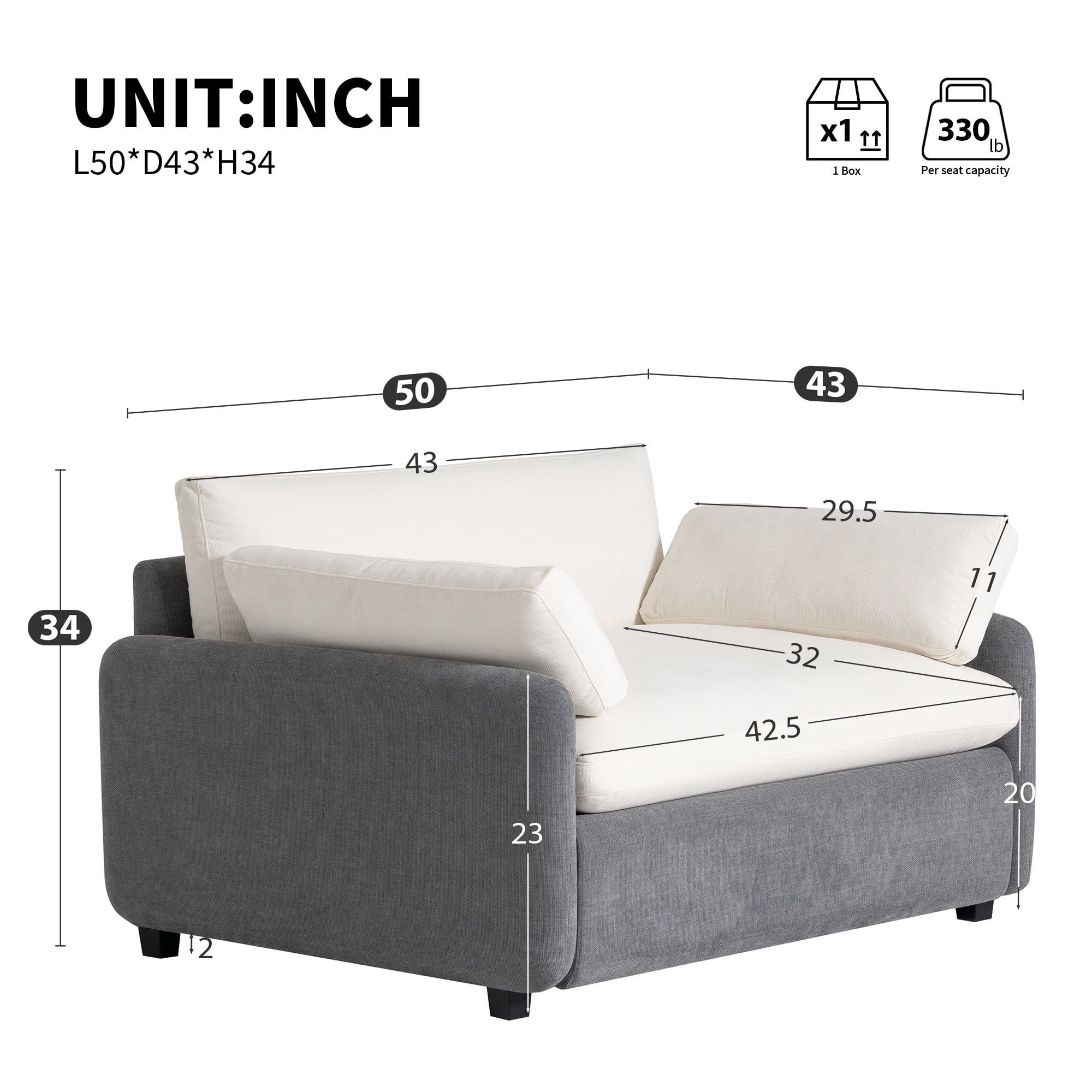 Leumius 50" Oversized Single Sofa Chair, Chenille Accent Chair with Wide and Deep Seat, Upholstered Armchair with Pillows for Living Room,Apartment,Bedroom, Gray+Cream