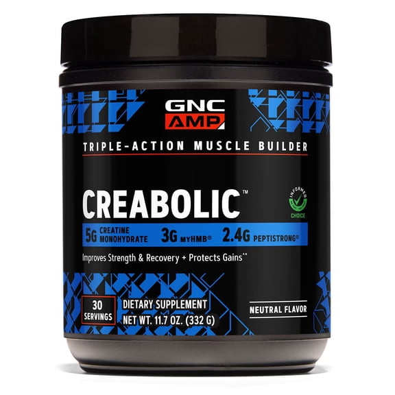 GNC AMP CREABOLIC, Triple Actoin Muscle Builder With 5G Micronized Creatine Monohydrate, 3G of myHMB and 2.4G Peptistrong, Unflavored, 30 servings