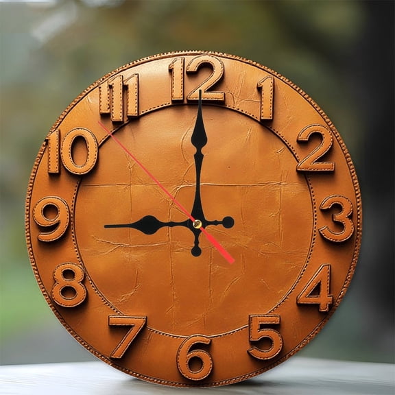 Leather Wall Clock Vintage Brown Home Decor 10-Inch Silent Wooden Wall Clock, Battery Operated (AA Batteries Not Included), Artistic Home Decor