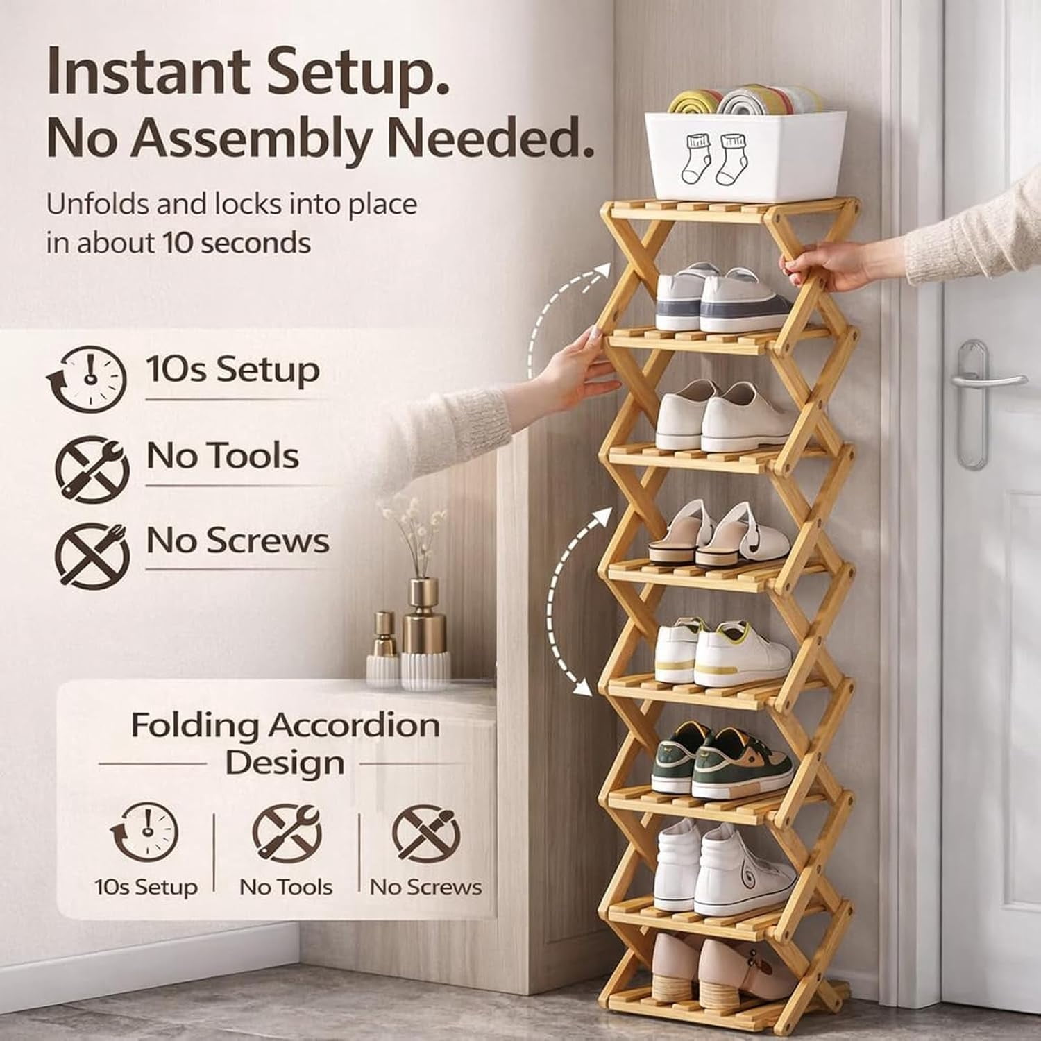 Bamboo Shoe Storage Rack – Foldable Shoe Rack for Small Spaces, Narrow Shoe Shelf for Entryway, Closet and Bedroom