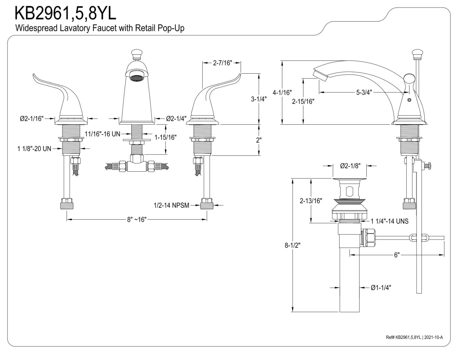Kingston Brass Yosemite KB2961YL Widespread Two Handle Lavatory Faucet, Polished Chrome