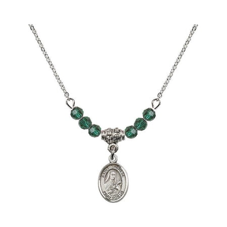 18-Inch Rhodium Plated Necklace with 4mm Green May Birth Month Stone Beads and Saint Therese of Lisieux Charm