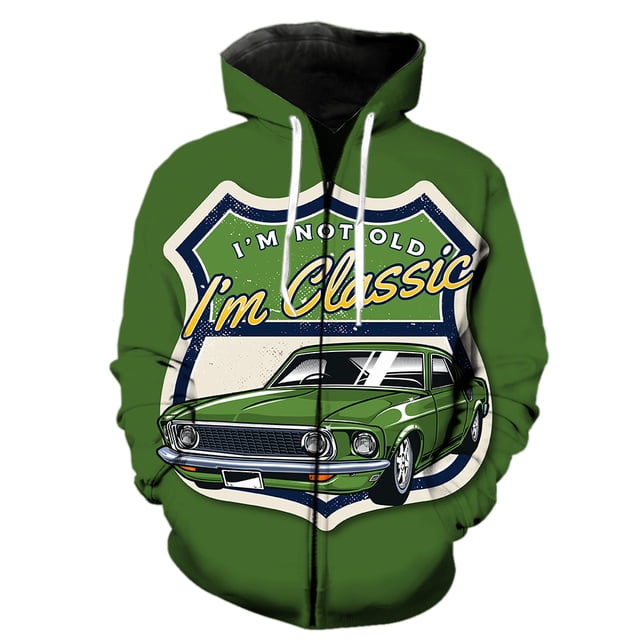 Sudadera con capucha y cremallera para hombre con diseño de coche clásico de dibujos animados, estampado 3D, unisex, informal, divertida, para primavera, ropa de calle, manga larga extragrande