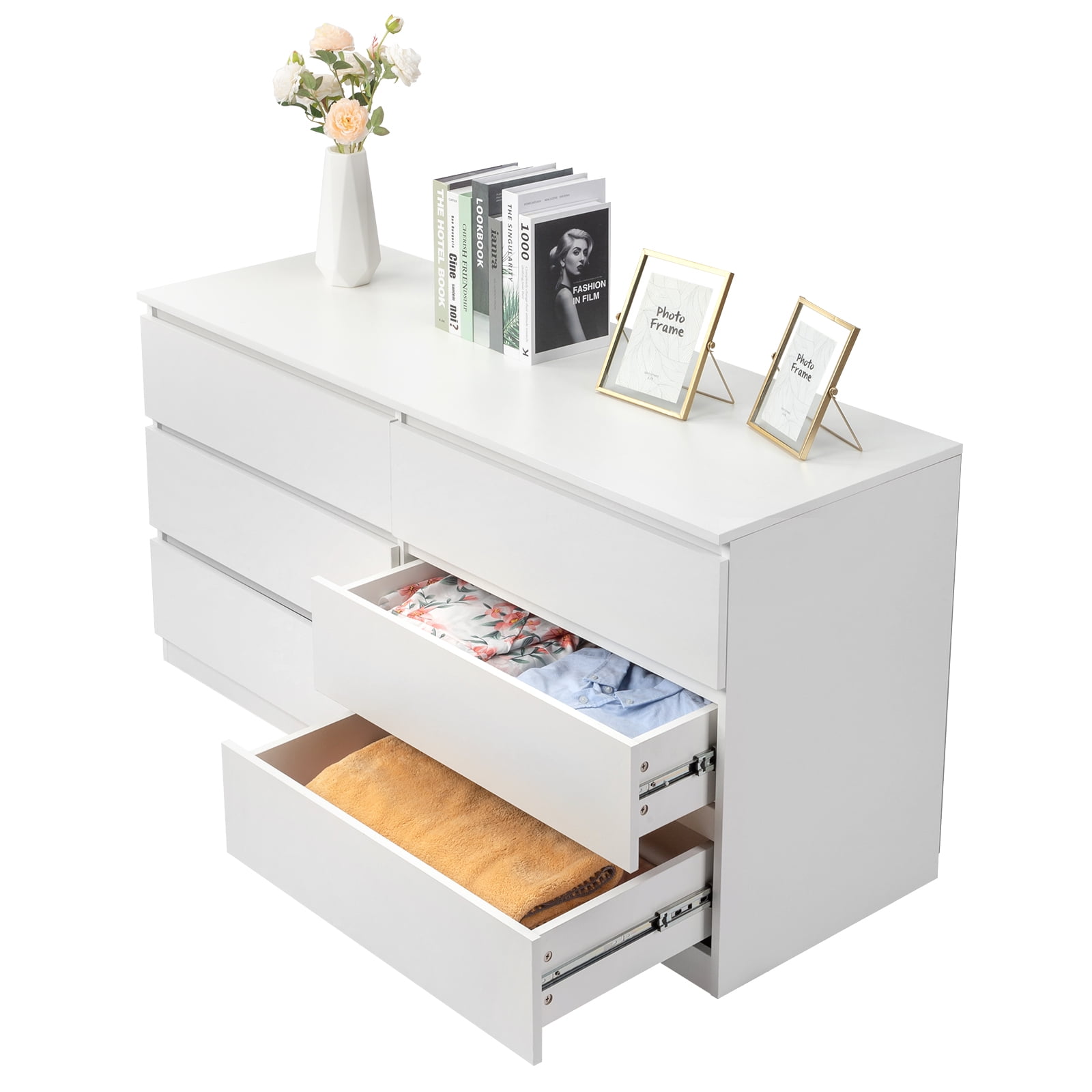 6-Drawer Double Dresser Spacious Storage Easy Assembly With Anti-Toppling Accessories For Bedroom Living Room Entryway​ White