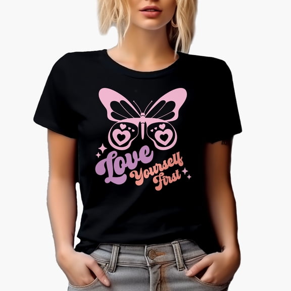 Love Yourself First feat. a Butterfly, Valentine's Day Art Merch Gift, Black T-Shirt, Small