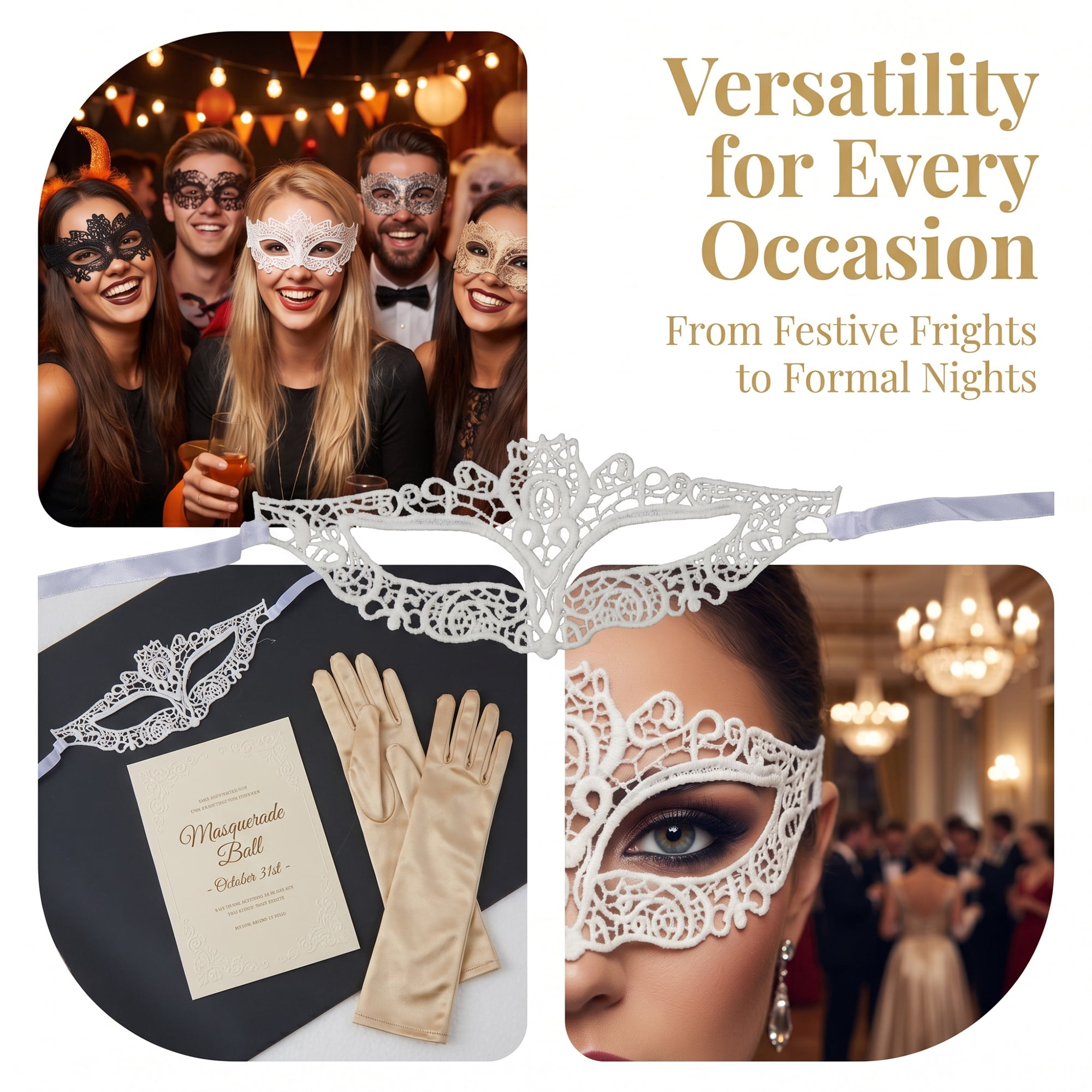Unique Bargains 6-Pack Venetian Lace Eye Masks Set for Halloween Costume Party White Cat Face 8.7" x 5.1"