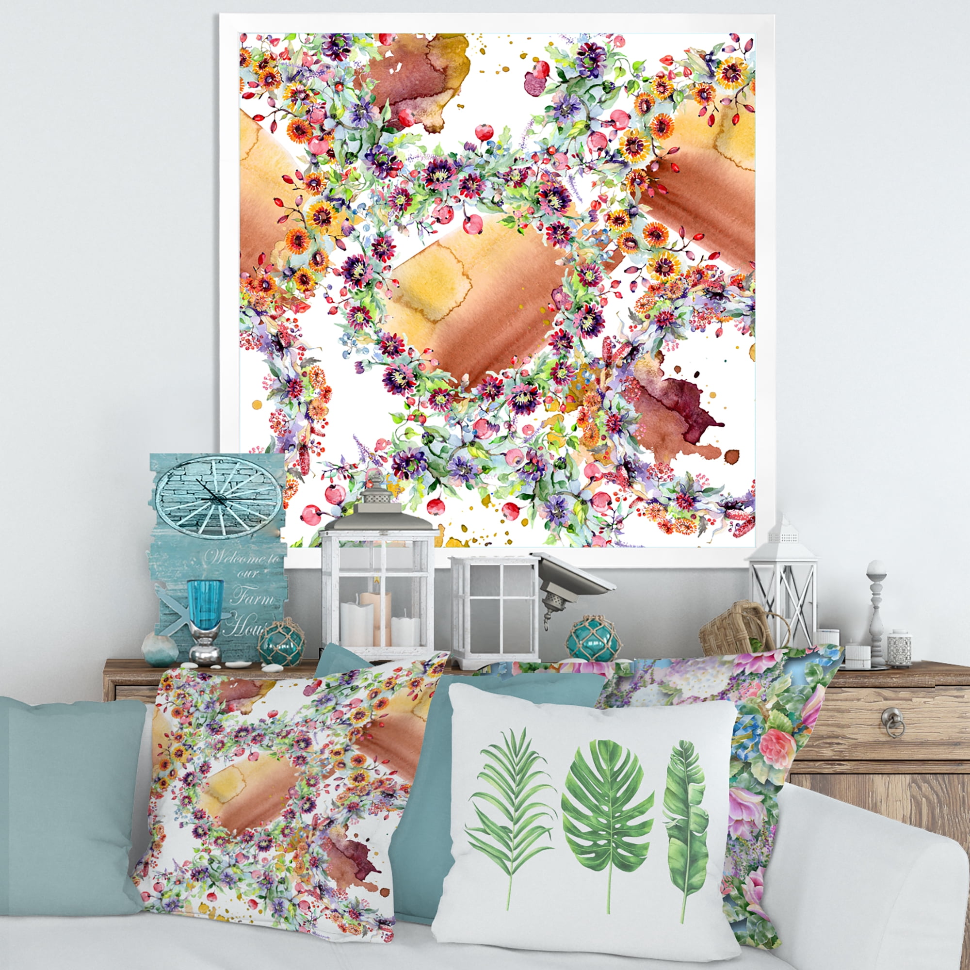 Vibrant Wild Spring Leaves, Berries and Wildflowers 16 in x 16 in Framed Painting Canvas Art Print, by Designart
