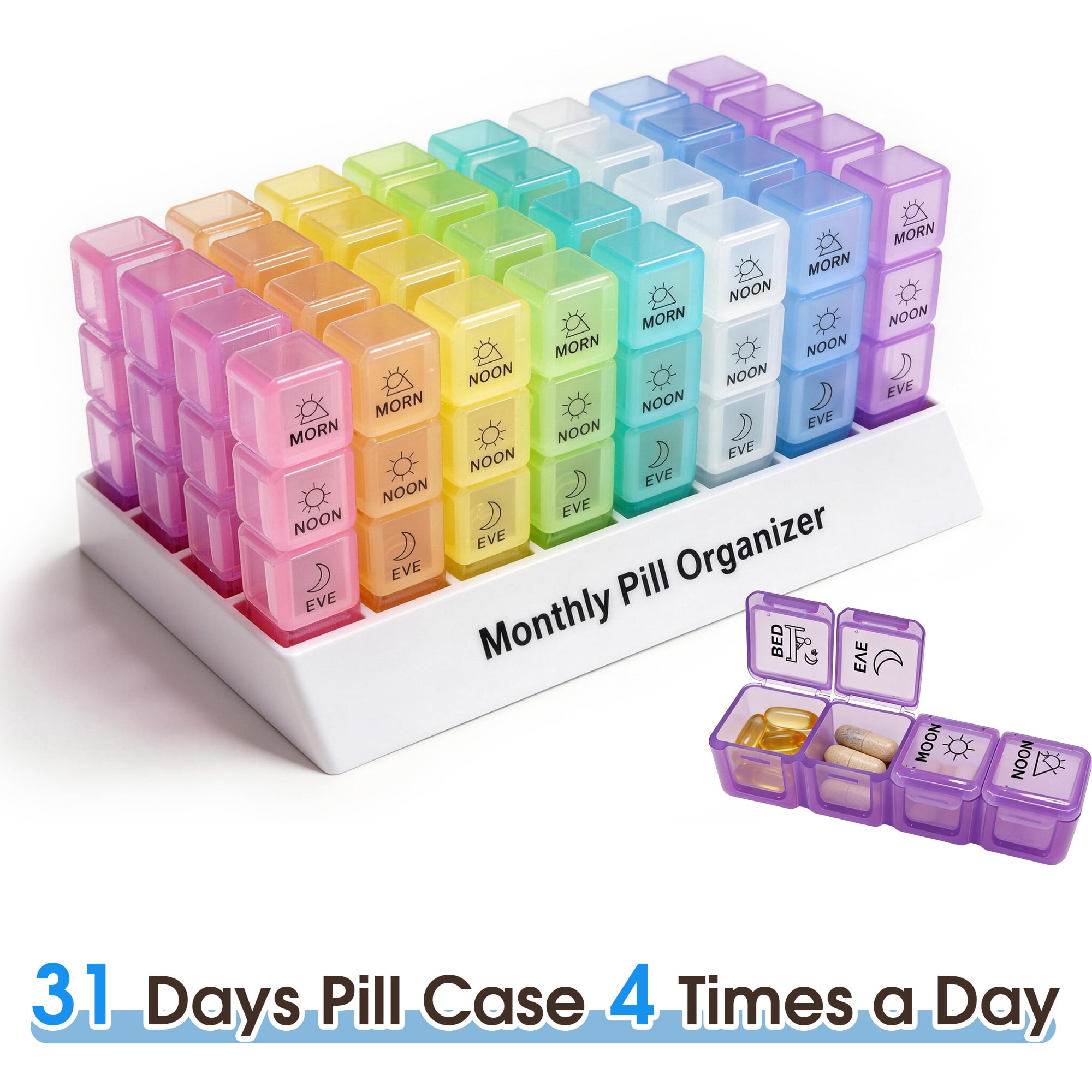 Monthly Pill Organizer 4 Times a Day, 30 Day Pill Organizer with Daily Pill Box Organizer, One Month Medicine Organizer, 31 Day Rainbow Pill Case for Vitamins Supplement & Medication