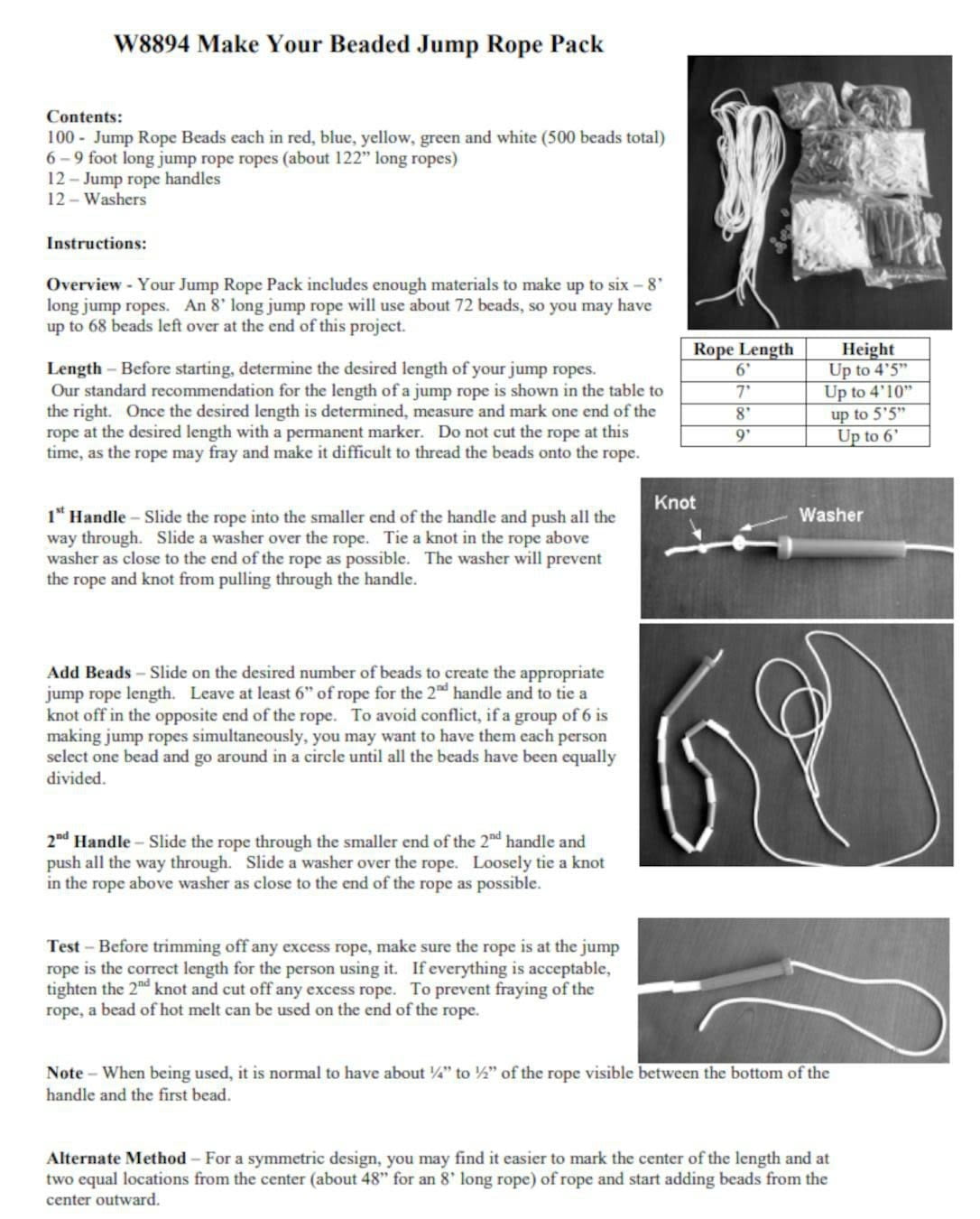 S&S Worldwide Make Your Own Jump Rope Pack.  Makes up to Six 9' Long Jump Ropes with 5 Different Colored Beads.  Fun for Camps, After School Programs and a Great Birthday Activity and Take Home Gift.