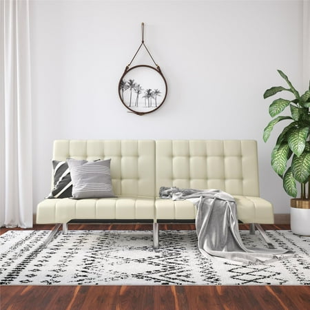 River Street Designs Emily Convertible Tufted Futon Sofa, Vanilla Faux Leather