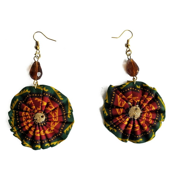 Dupsie's Green flare-shaped fishhook Earrings wrapped in African Print Fabric