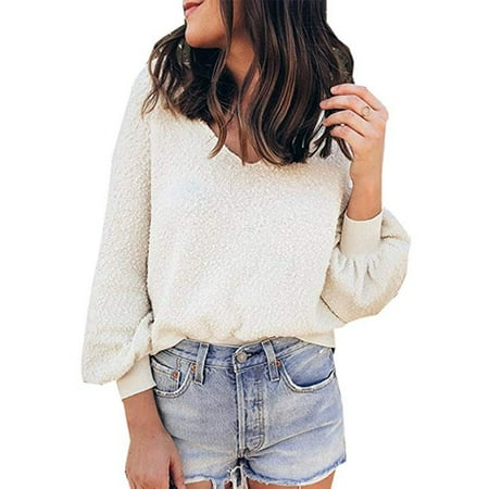 - Women's Sweatshirts - Long Sleeve V Neck Fleece Fuzzy Loose Pullover Sweater Tops