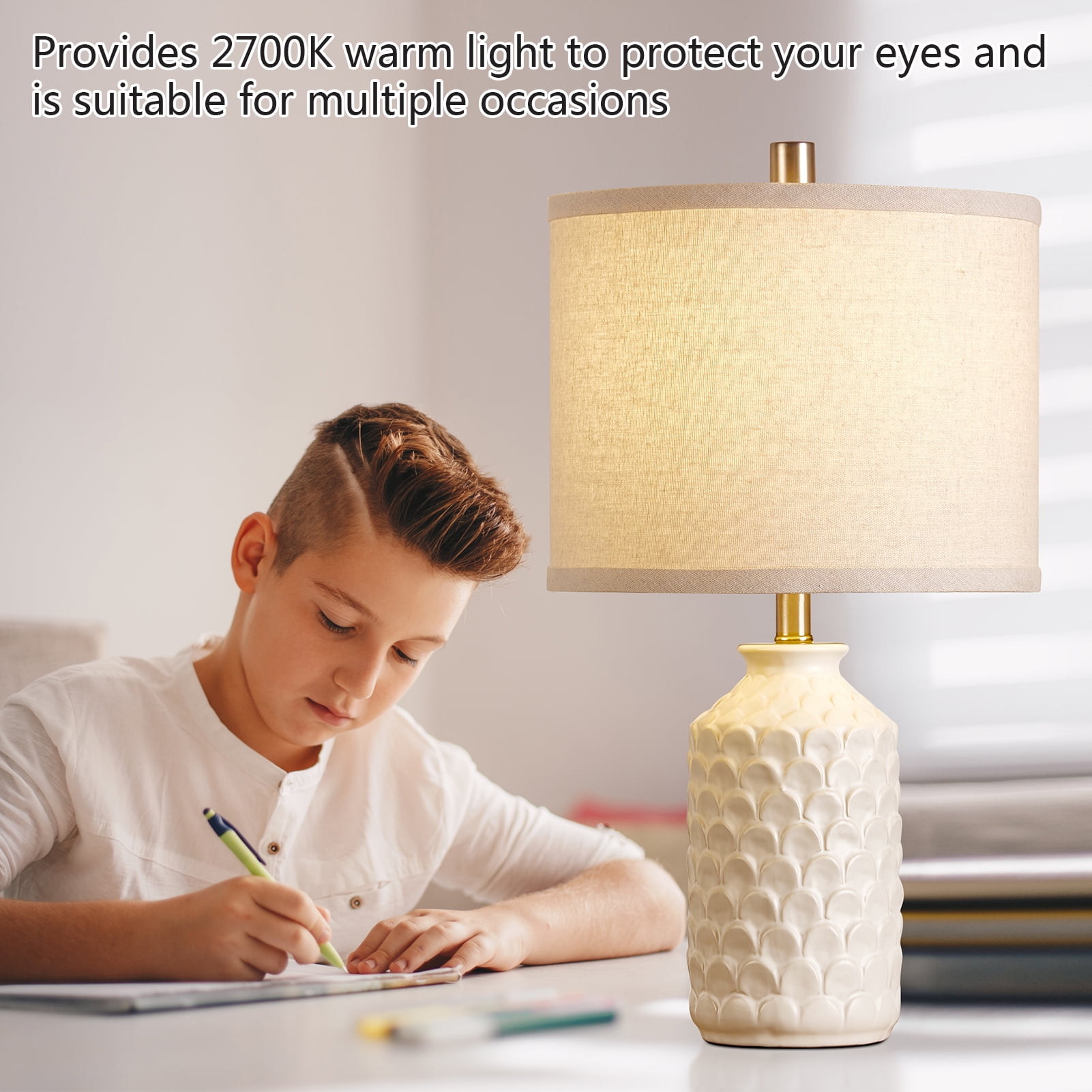 RORIA 21” Ceramic Table Lamps Set of 2,Modern White Bedside Lamps,Suitable for the Living Room or Bedroom Nightstands (Bulbs Included)