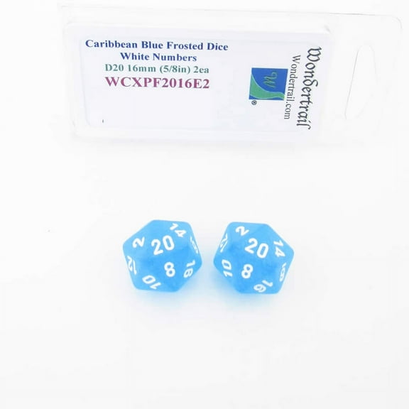 Caribbean Blue Frosted Dice with White Numbers D20 Aprox 16mm (5/8in) Pack of 2 Wondertrail