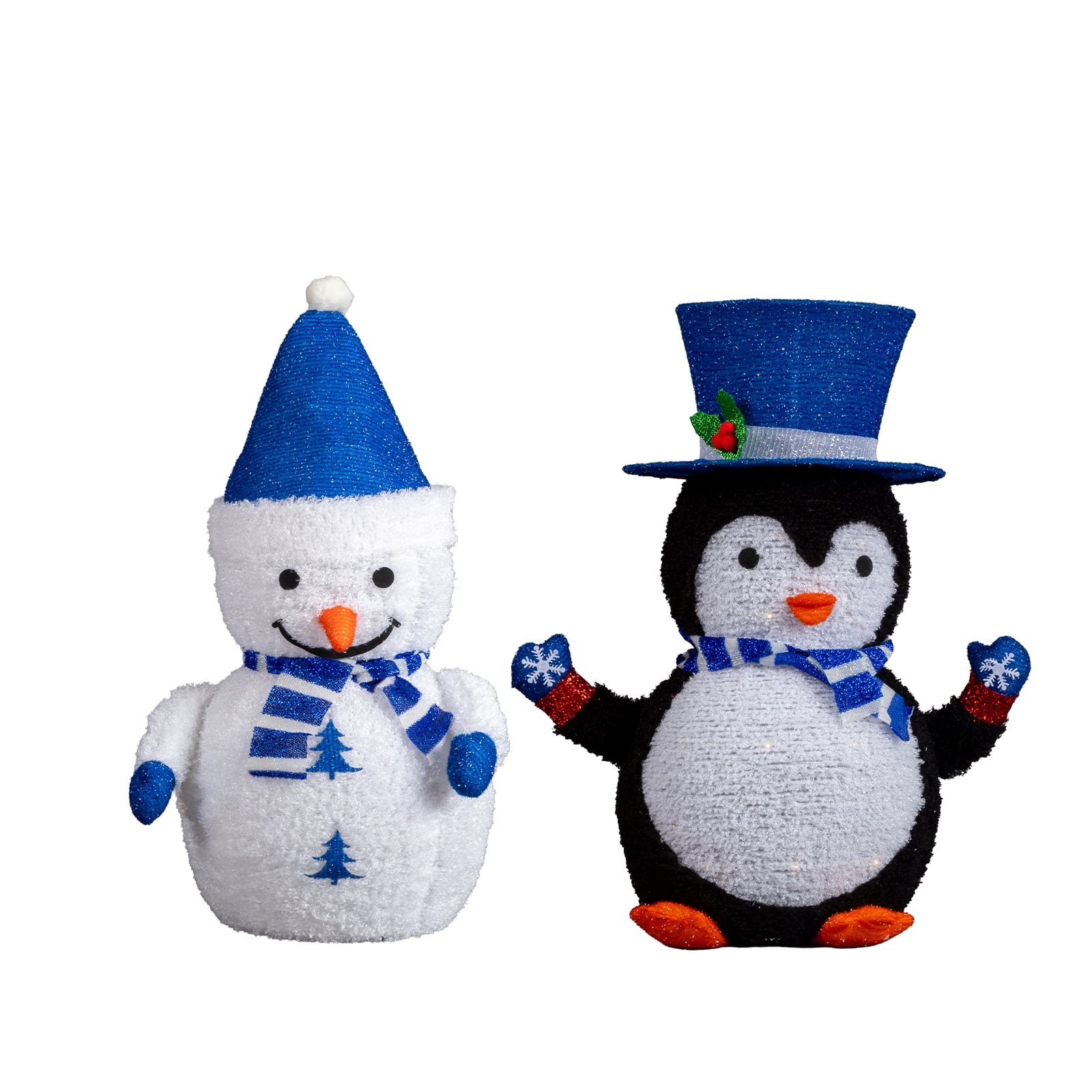 Astoutdoor Set of 2 Lighted Plush Penguin and Snowman Christmas Decorations, Pre-lit Pull Up Holiday Decor with 100 Warm White LED Lights